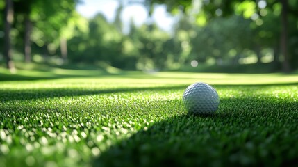 Golf ball rests on lush green grass, sunlight dappling the scene. Perfect for websites, brochures, or advertising related to golf, leisure, or nature.