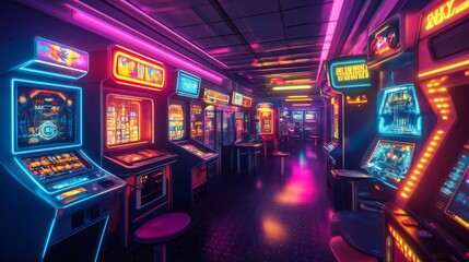 A vibrant arcade filled with neon-lit machines, showcasing a retro gaming atmosphere and inviting players to enjoy classic entertainment.