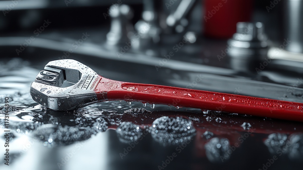 Poster close-up of a wet adjustable wrench with a red handle on a dark reflective surface.