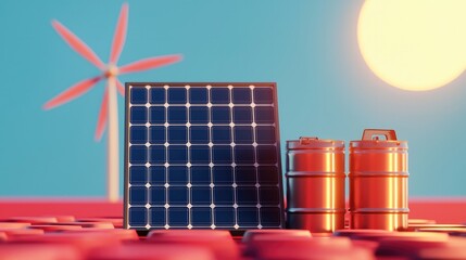 natural gas storage concept. A vibrant illustration of renewable energy featuring a solar panel, barrels, and a wind turbine against a sunny backdrop.