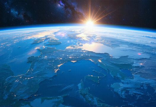 Blue sunrise view of earth from space