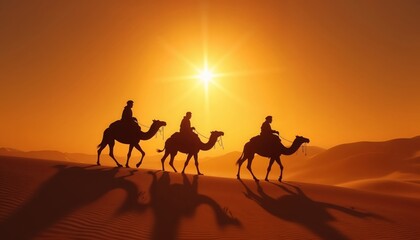 Three Wise Men riding camels through desert with sunset, "Happy Epiphany!" text. Epiphany journey. Three kings. Desert pilgrimage.nativity scene, kings' pilgrimage, festive banner, holiday promotion, 