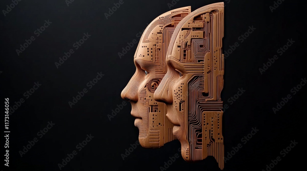 Poster cybernetic twins: a mesmerizing 3d render of two interconnected robotic faces, their internal circui