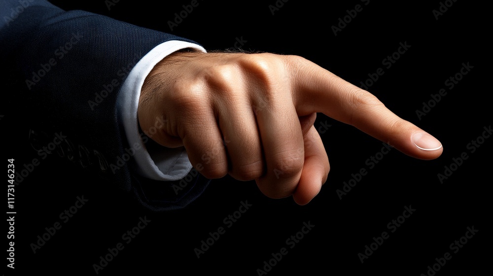 Poster business hand pointing direction: a close-up image of a hand in a suit, index finger extended and po