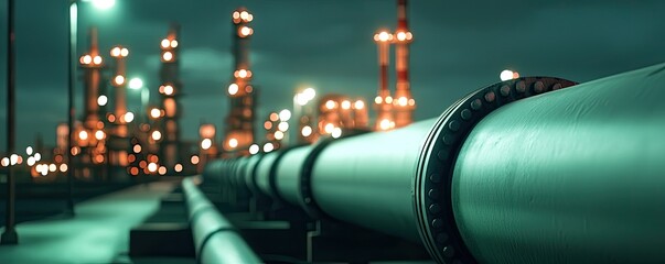 natural gas storage concept. A close-up view of industrial pipelines leading to illuminated oil refineries, showcasing a nighttime setting with a greenish hue.