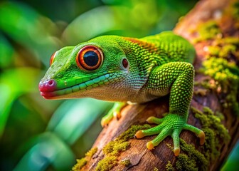 Fototapeta premium Close-up of a Gecko on a Tree Branch: Vibrant Green Reptile on Wood