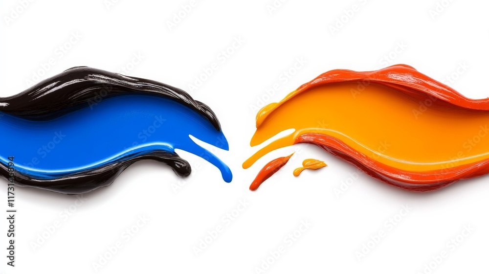 Poster dynamic color fusion: abstract art photography of vibrant blue, black, and orange paint splashes cre