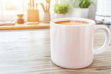Fototapeta premium Steaming cup of coffee rests on a wooden table, surrounded by plants and kitchen utensils in soft morning light