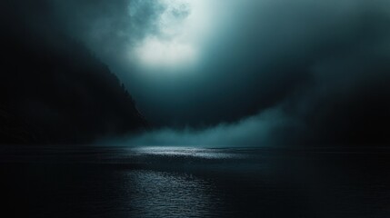 A serene, misty lake landscape with dark mountains and a moody atmosphere.
