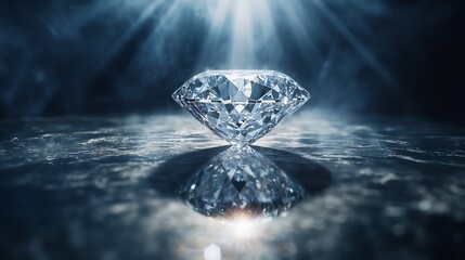 Fototapeta premium Large diamond on a reflective surface with radiant light effects.Brilliance, luxury, and timeless elegance in a single gem.luxury branding, jewelry promotions, or elegant advertisements.
