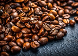 Fototapeta premium Close-up of Dark Roasted Coffee Beans on Black Background - Rich Aromatic Coffee Texture