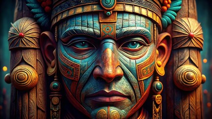 Obraz premium Close-Up of Intricate Carved Totem Pole Face, Native American Art, Indigenous Culture, Northwest Coast, Pacific Northwest