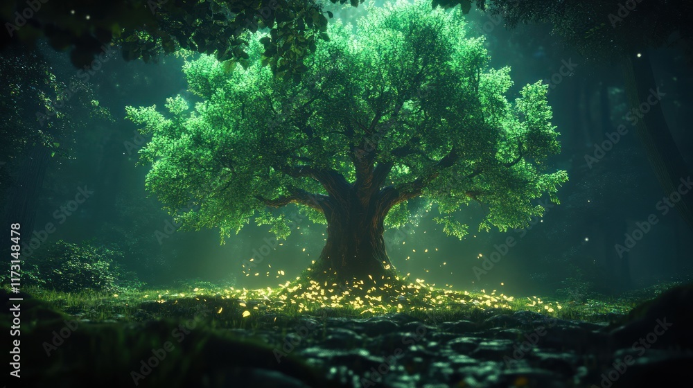Poster enchanting ancient tree in mystical forest glade.