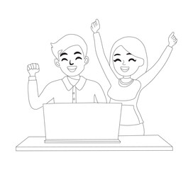 Happy Couple Celebrates Online Casino or Lottery Win with Laptop.  Man and woman together in laptop and rejoice after learning good news. 