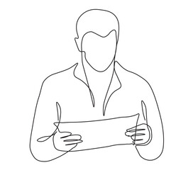 Man Reading Paper Document - Continuous Line Art Illustration. Person holding sheet of paper and looking carefully at it. Black linear sketch isolated on white background . 