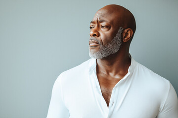 Fototapeta premium Middle-aged Black man in a white shirt posing against a neutral backdrop