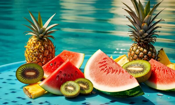 Plate with fresh fruits near outdoor swimming pool, space for text. Luxury resort. Travel and vacation concept