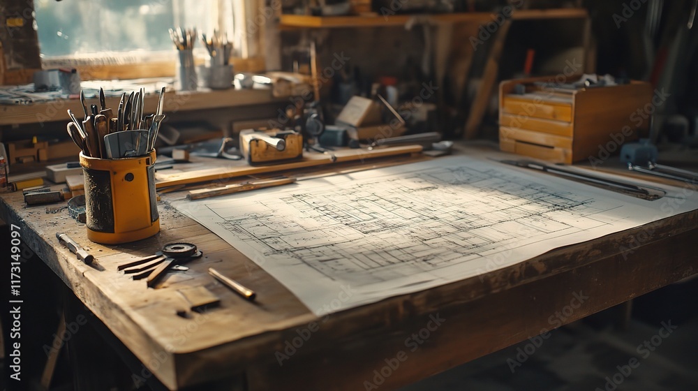 Poster architects' workspace with blueprints and tools on wooden table