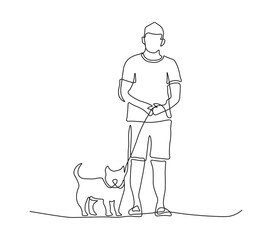Man Walking Dog Continuous Line Art Illustration.  Dog on a leash with his owner. Black linear sketch isolated on white background. Vector illustration.