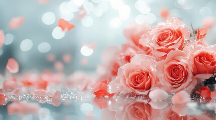 Pink roses, glistening with dew, reflected in a tranquil pool, creating a serene and romantic atmosphere.