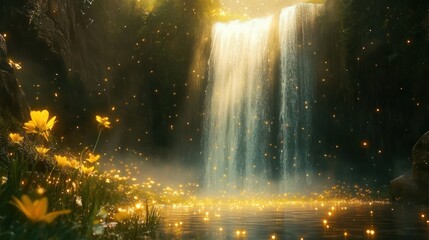 Majestic waterfall cascading into a tranquil forest pool illuminated by bioluminescent fireflies, surrounded by vibrant wildflowers.