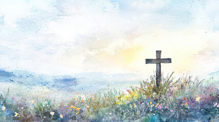 A serene watercolor of a simple wooden cross, surrounded by wildflowers in a peaceful meadow at sunrise, symbolizing faith, hope, and the beauty of creation.