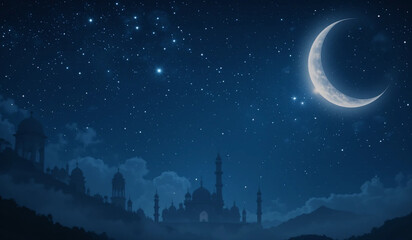 Naklejka premium A serene night sky with a crescent moon and twinkling stars illuminates a mystical cityscape with silhouetted mosques.