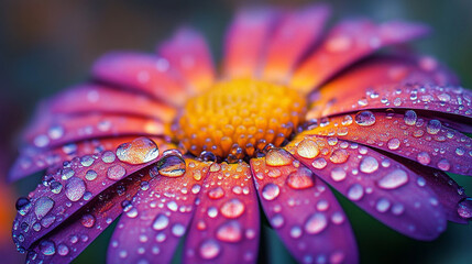 Obraz premium A vibrant yellow daisy petal covered in tiny raindrops, with the droplets reflecting the surrounding greenery in sharp detail.