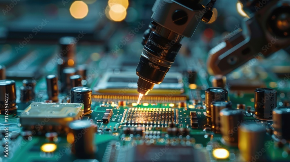 Poster close-up of robotic arm soldering a microchip onto a circuit board.