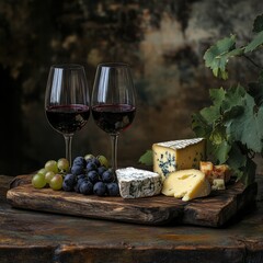 Elegant wine and cheese pairing with fresh fruits on a rustic wooden board for a delightful tasting experience