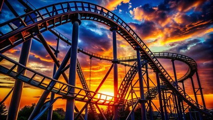Fototapeta premium Close-up Silhouette of a Roller Coaster at Sunset - Dramatic Macro Photography