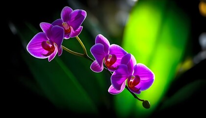 Fototapeta premium Vibrant Purple Orchids Branch Green Leaf Background Sunlight