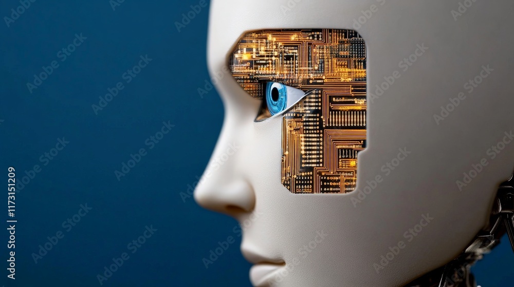 Poster ai unveiled: a close-up profile of a futuristic robot's face, revealing its intricate internal circu