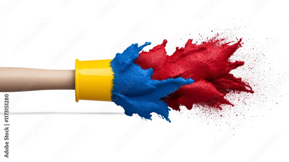 Poster paint explosion: a vibrant burst of blue and red paint explodes from a paintbrush, creating a dynami