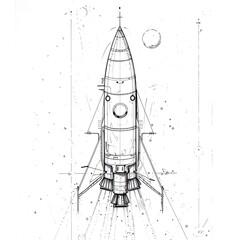 Outline of a rocket ship in space on a white background