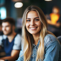 Fototapeta premium Smiling young woman enjoys a lively study session in a modern cafe during afternoon hours
