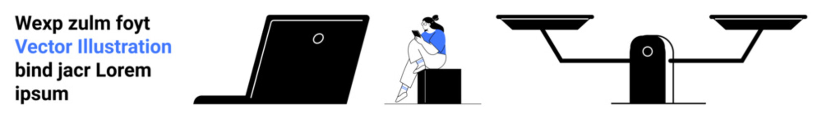 Person sitting between laptop and seesaw, symbolizing work-life balance. Ideal for themes on productivity, digital work, mental health, equilibrium, stress management, remote work, time management