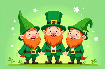 Fototapeta premium Leprechauns wizard in green attire. Happy St. Patrick Day With Cute Gnomes On Banner Design, Leprechaun Character.