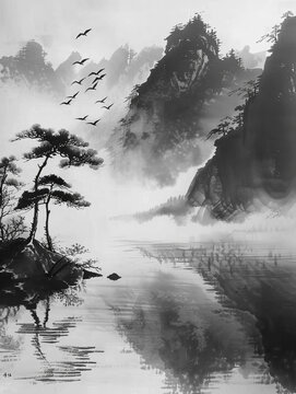 墨絵　水墨画　山水画　【厚浦】 真作】絵画 墨彩（色紙） 山水画 風雅な墨の世界 伝統技法の一作 W89