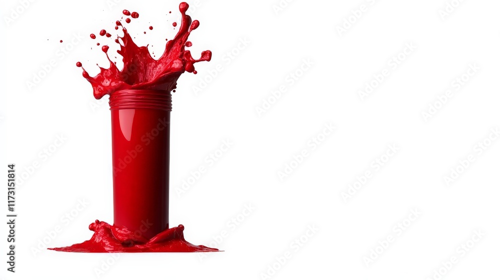 Poster red paint explosion: a vibrant red paint explosion erupts from a bottle, creating a dynamic and colo