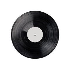 Obraz premium Close up of black vinyl record showing grooves and white center label in detailed view. Isolated on transparent background, png.