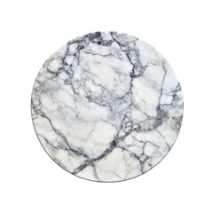 Naklejka premium Polished white marble round slab featuring grey veins with smooth textures. The slab is ideal for decorative furniture or architectural purposes. Isolated on transparent background, png.