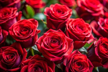 Close-up Tilt-Shift Crimson Red Rose Bouquet, Floral Background Stock Photo