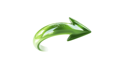 A green arrow pointing down. The arrow is made of glass and is very shiny. It is on a trasparent background	