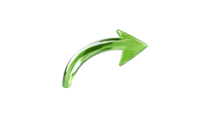 A green arrow pointing down. The arrow is made of glass and is very shiny. It is on a trasparent background	