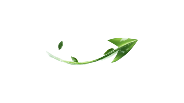 A green arrow pointing down. The arrow is made of glass and is very shiny. It is on a trasparent background	