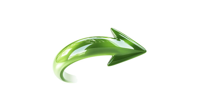 A green arrow pointing down. The arrow is made of glass and is very shiny. It is on a trasparent background	