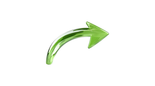 A green arrow pointing down. The arrow is made of glass and is very shiny. It is on a trasparent background	