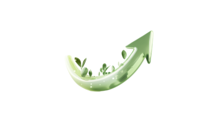 A green arrow pointing down. The arrow is made of glass and is very shiny. It is on a trasparent background	