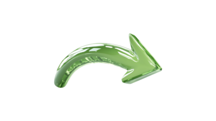 A green arrow pointing down. The arrow is made of glass and is very shiny. It is on a trasparent background	